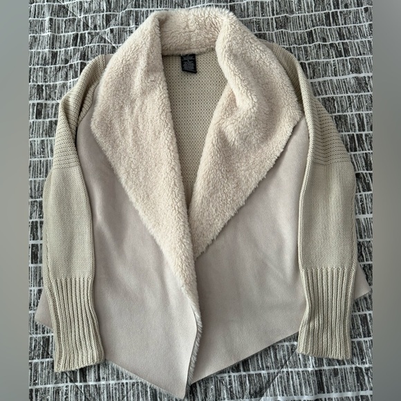 Chelsea & Theodore jacket open cardigan sweater faux fur & suede beige Size M - Picture 1 of 4